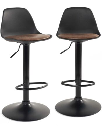 Lot de 2 tabourets de bar réglables pivotants, assise simili cuir avec dossier SIG noir intégral marron