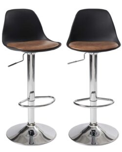 Lot de 2 tabourets de bar réglables pivotants, assise simili cuir avec dossier SIG noir marron chrome Lot de 2 tabourets de bar réglables pivotants, assise simili cuir avec dossier SIG noir marron chrome