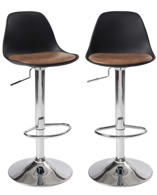 Lot de 2 tabourets de bar réglables pivotants, assise simili cuir avec dossier SIG noir marron chrome Lot de 2 tabourets de bar réglables pivotants, assise simili cuir avec dossier SIG noir marron chrome