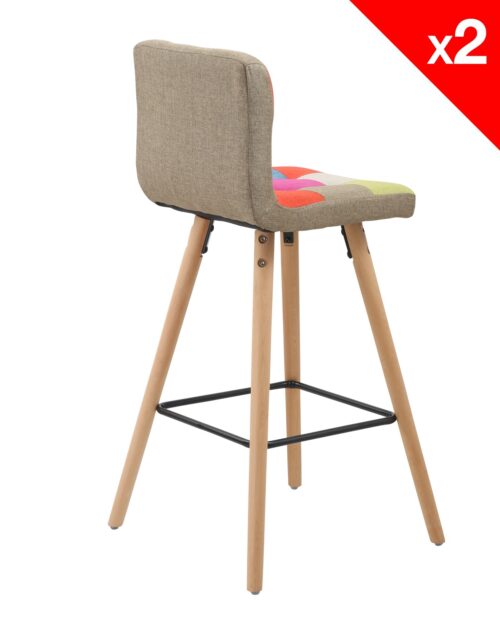 Lot de 2 tabourets de bar scandinave bois - Tissu Patchwork Lot de 2 tabourets de bar scandinave bois - Tissu Patchwork
