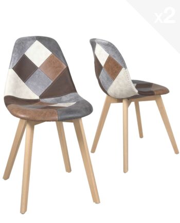 lot-2-chaises-patchwork-marron-scandinaves-pieds-bois-salle-manger-cuisine