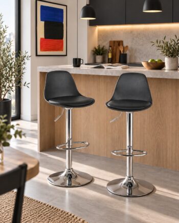 Lot de 2 tabourets de bar SIG noirs avec pied chromé, pivotants et réglables en hauteur