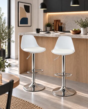 Lot de 2 tabourets de bar SIG blancs avec pied chromé, pivotants et réglables en hauteur