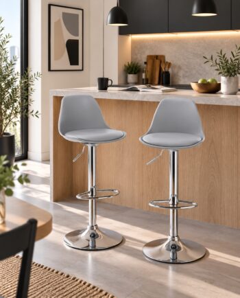 Lot de 2 tabourets de bar SIG gris avec pied chromé, pivotants et réglables en hauteur