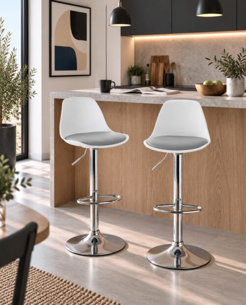 Lot de 2 tabourets de bar SIG blancs avec coussin gris et pied chromé, pivotants et réglables en hauteur Lot de 2 tabourets de bar SIG blancs avec coussin gris et pied chromé, pivotants et réglables en hauteur