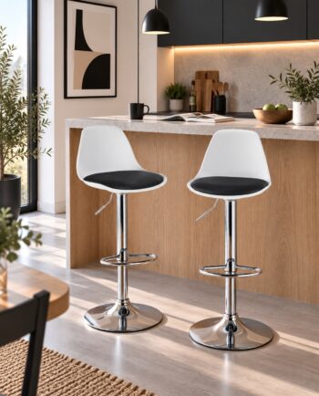Lot de 2 tabourets de bar SIG blancs avec coussin noir et pied chromé, pivotants et réglables en hauteur