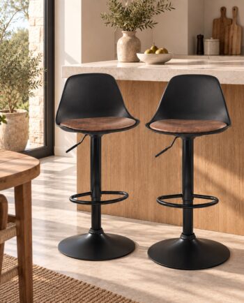 Lot de 2 tabourets de bar SIG noirs avec coussin marron vintage et pied noir, pivotants et réglables en hauteur