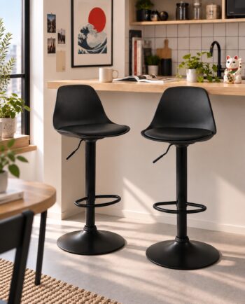 Lot de 2 tabourets de bar SIG noirs avec pied noir intégral, pivotants et réglables en hauteur