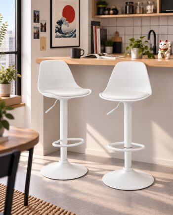 Lot de 2 tabourets de bar SIG blancs avec pied blanc intégral, pivotants et réglables en hauteur