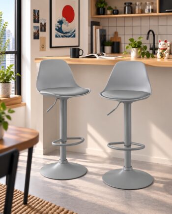 Lot de 2 tabourets de bar SIG gris avec pied gris intégral, pivotants et réglables en hauteur