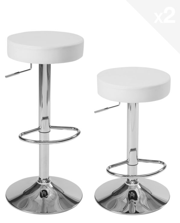 lot de 2 tabourets de bar ronds - cuisine - réglables en hauteur, pivotant - Blanc