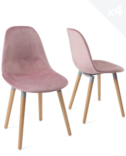 lot-4-chaises-scandinaves-bois-velours-rose