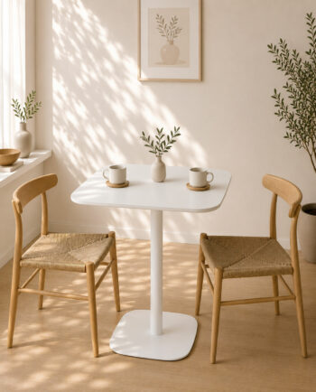 Table bistrot carrée 60 cm SILA blanche avec pied blanc en intérieur lumineux