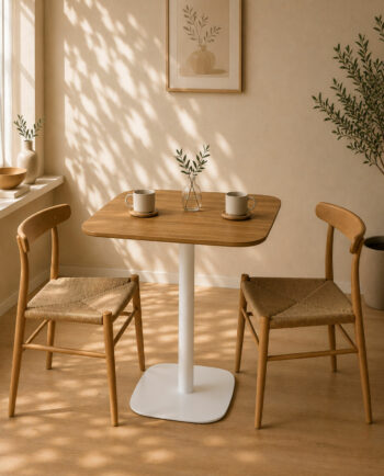 Table bistrot carrée 60 cm SILA plateau bois avec pied blanc en cuisine lumineuse