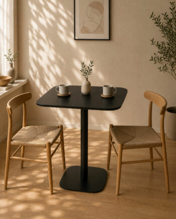 Table bistrot carrée 60 cm SILA noire avec pied noir en ambiance salle à manger moderne