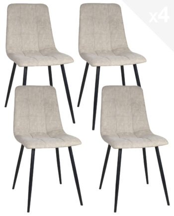 lot-4-chaises-moderne-matelassee-rembourree-tissu-beige-pied-metal-noir