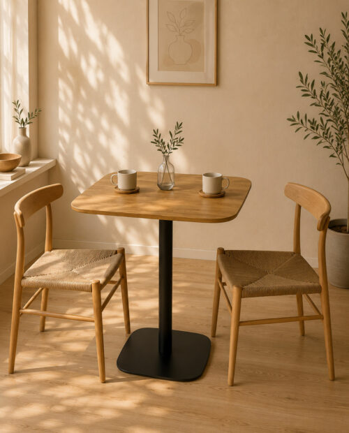 Table bistrot SILA bois pied noir – ambiance cuisine Table bistrot carrée 60 cm SILA plateau bois et pied noir en situation dans cuisine moderne
