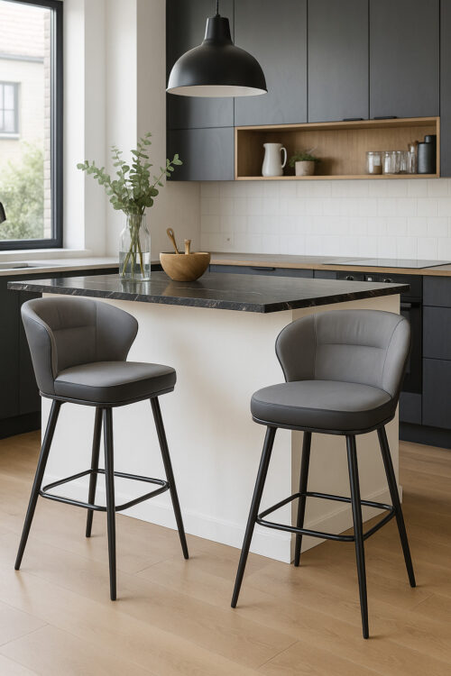 chaise-de-bar-pivotante-tissu-technique-matellassé-gris-noir-lot-de-2 chaise-de-bar-pivotante-tissu-technique-matellassé-gris-noir-lot-de-2