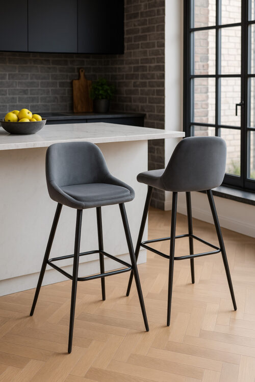 tabourets-de-bar-haut-velours-gris-pieds-métal-68-cm-lot-de-2 tabourets-de-bar-haut-velours-gris-pieds-métal-68-cm-lot-de-2